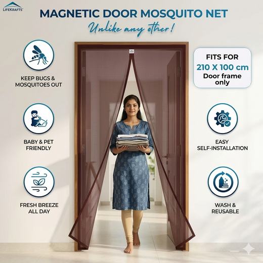 Magnetic door mosquito net with features listed on a white background