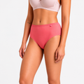 Person wearing pink high-waisted bikini bottom on a plain background