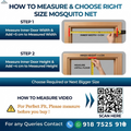 Instructions on how to measure and choose the right size mosquito net with measurements and a QR code for a video.