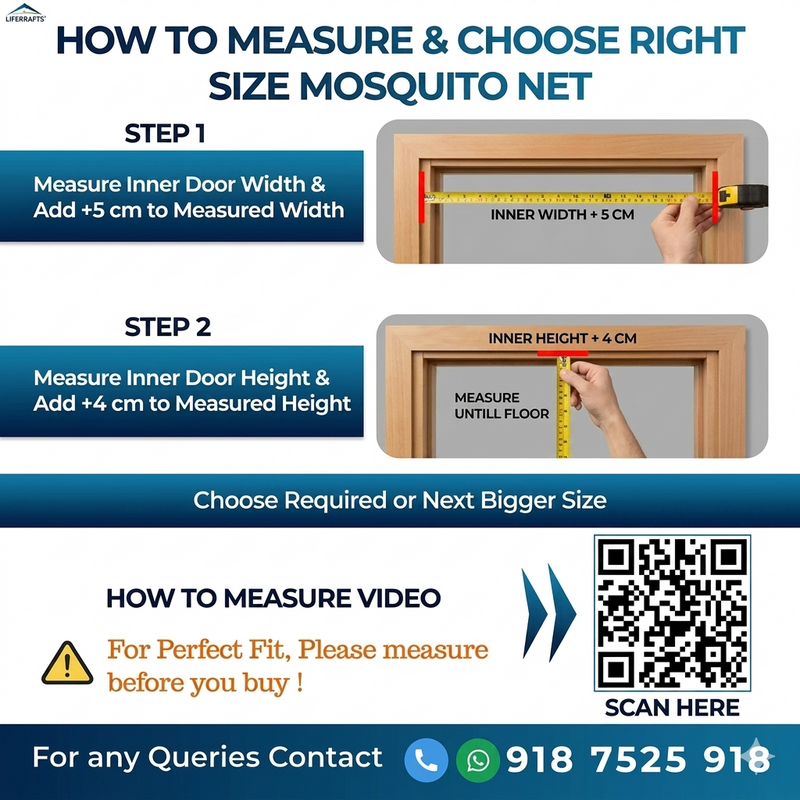 Instructions on how to measure and choose the right size mosquito net with measurements and a QR code for a video.