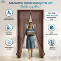 Magnetic door mosquito net with features listed on a white background