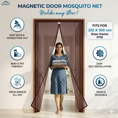 Magnetic door mosquito net with features listed on a white background