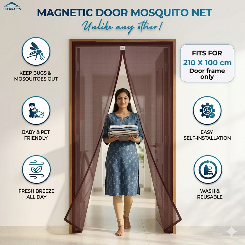 Magnetic door mosquito net with features listed on a white background