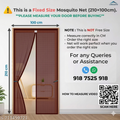 Mosquito net with dimensions and contact information displayed on a door.
