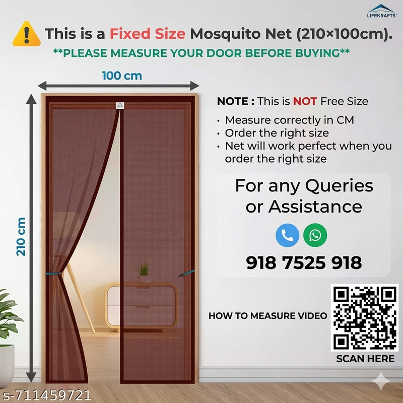 Mosquito net with dimensions and contact information displayed on a door.